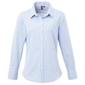 Light Blue-White - Front - Premier Womens-Ladies Gingham Long-Sleeved Shirt