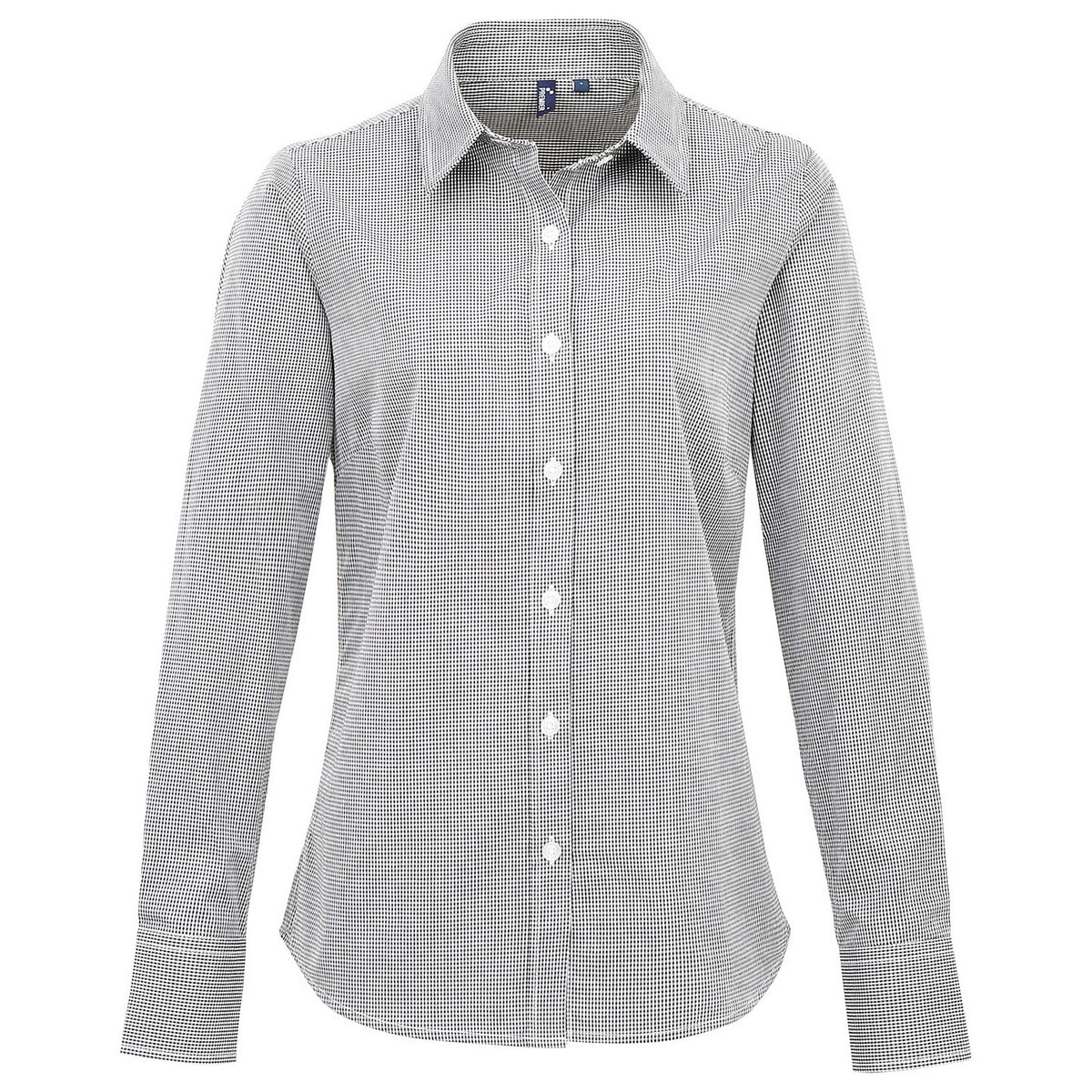 Black-White - Front - Premier Womens-Ladies Gingham Long-Sleeved Shirt