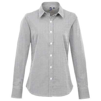 Black-White - Front - Premier Womens-Ladies Gingham Long-Sleeved Shirt