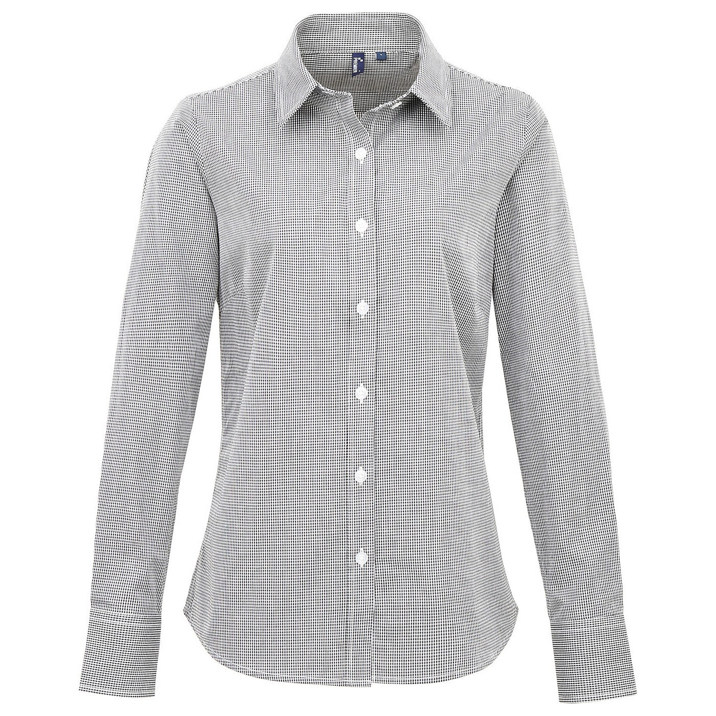 Black-White - Front - Premier Womens-Ladies Gingham Long-Sleeved Shirt