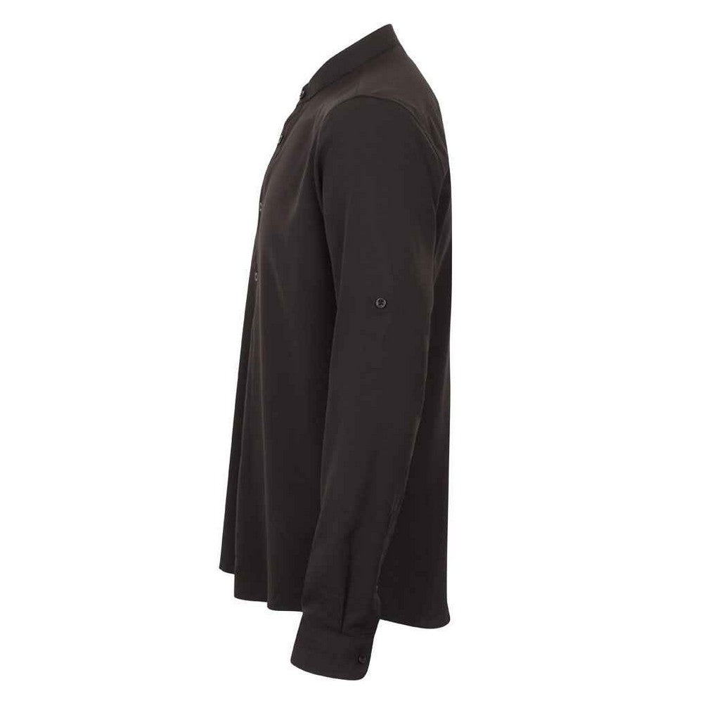 Black - Side - Henbury Mens Wicking Mandarin Collar Roll Sleeve Shirt