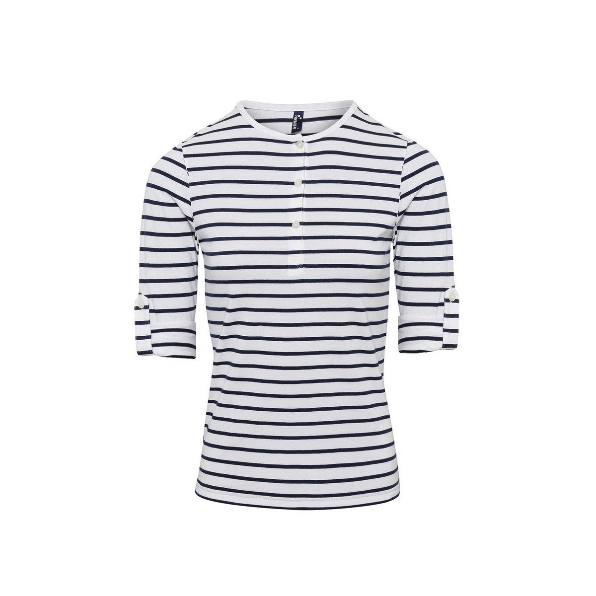 White-Navy - Lifestyle - Premier Womens-Ladies Long John Striped Roll Sleeve T-Shirt