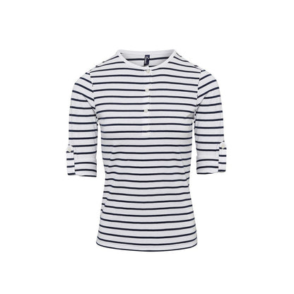 White-Navy - Lifestyle - Premier Womens-Ladies Long John Striped Roll Sleeve T-Shirt