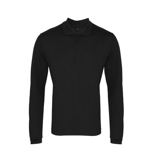 Black - Front - Premier Mens Coolchecker Pique Long-Sleeved Polo Shirt