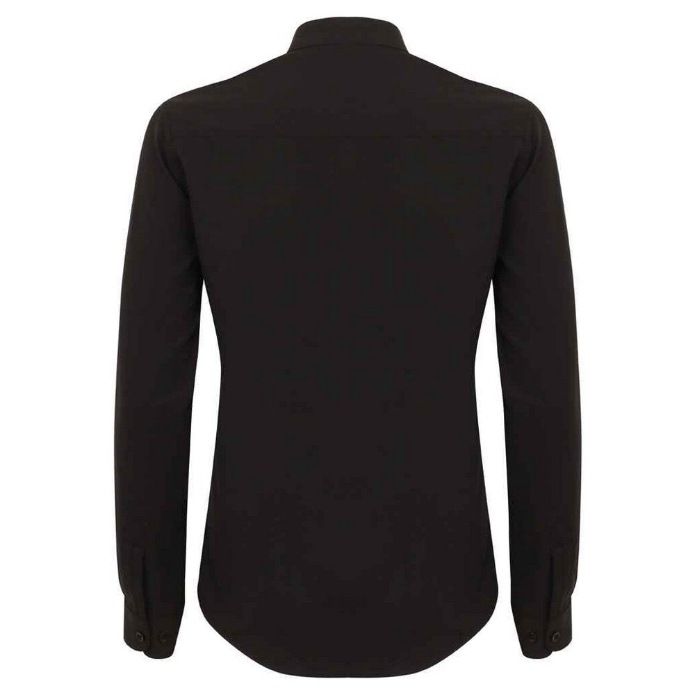 Black - Back - Henbury Womens-Ladies Antibacterial Mandarin Collar Roll Sleeve Shirt