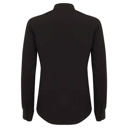 Black - Back - Henbury Womens-Ladies Antibacterial Mandarin Collar Roll Sleeve Shirt