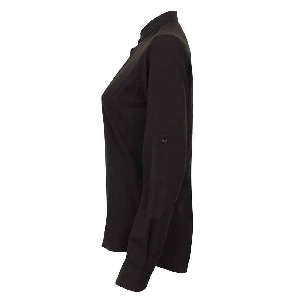 Black - Side - Henbury Womens-Ladies Antibacterial Mandarin Collar Roll Sleeve Shirt