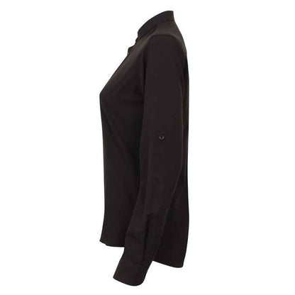 Black - Side - Henbury Womens-Ladies Antibacterial Mandarin Collar Roll Sleeve Shirt