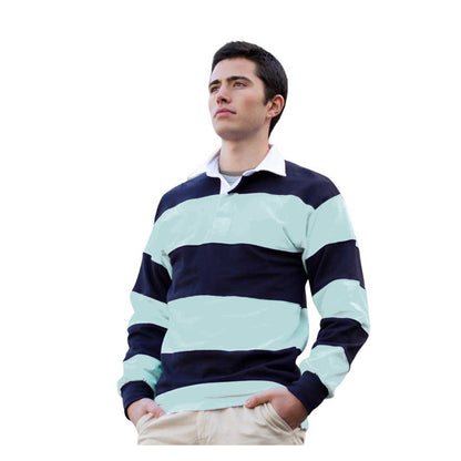 Duck Egg-Navy - Back - Front Row Mens Stripe Sewn Rugby Polo Shirt