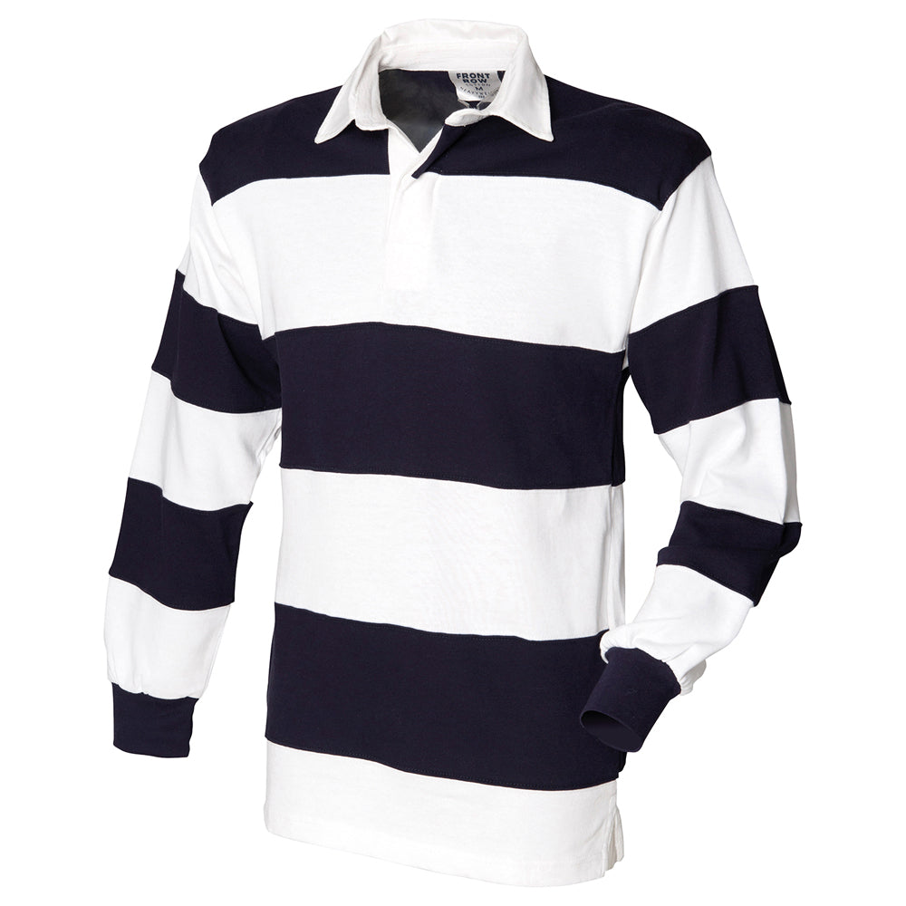 White-Navy - Front - Front Row Mens Stripe Sewn Rugby Polo Shirt