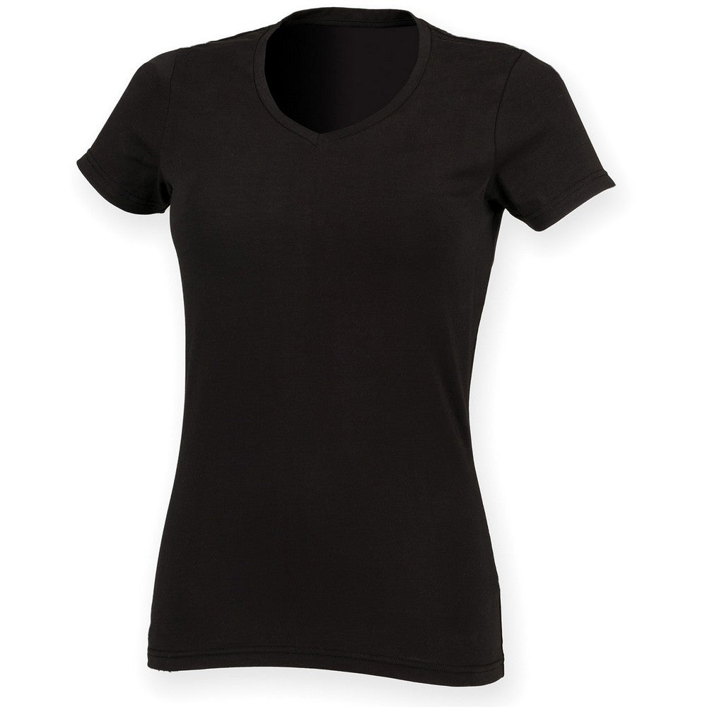 Black - Front - Skinni Fit Womens-Ladies Feel Good Stretch V Neck T-Shirt