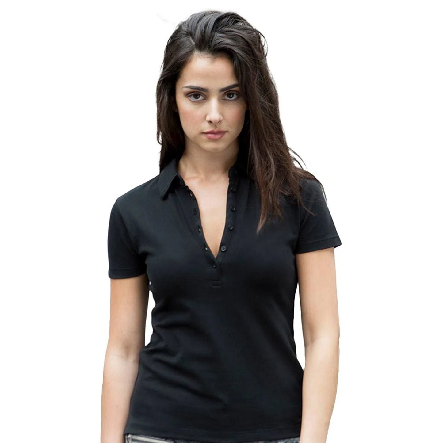 Black - Side - Skinni Fit Womens-Ladies Pique Stretch Polo Shirt
