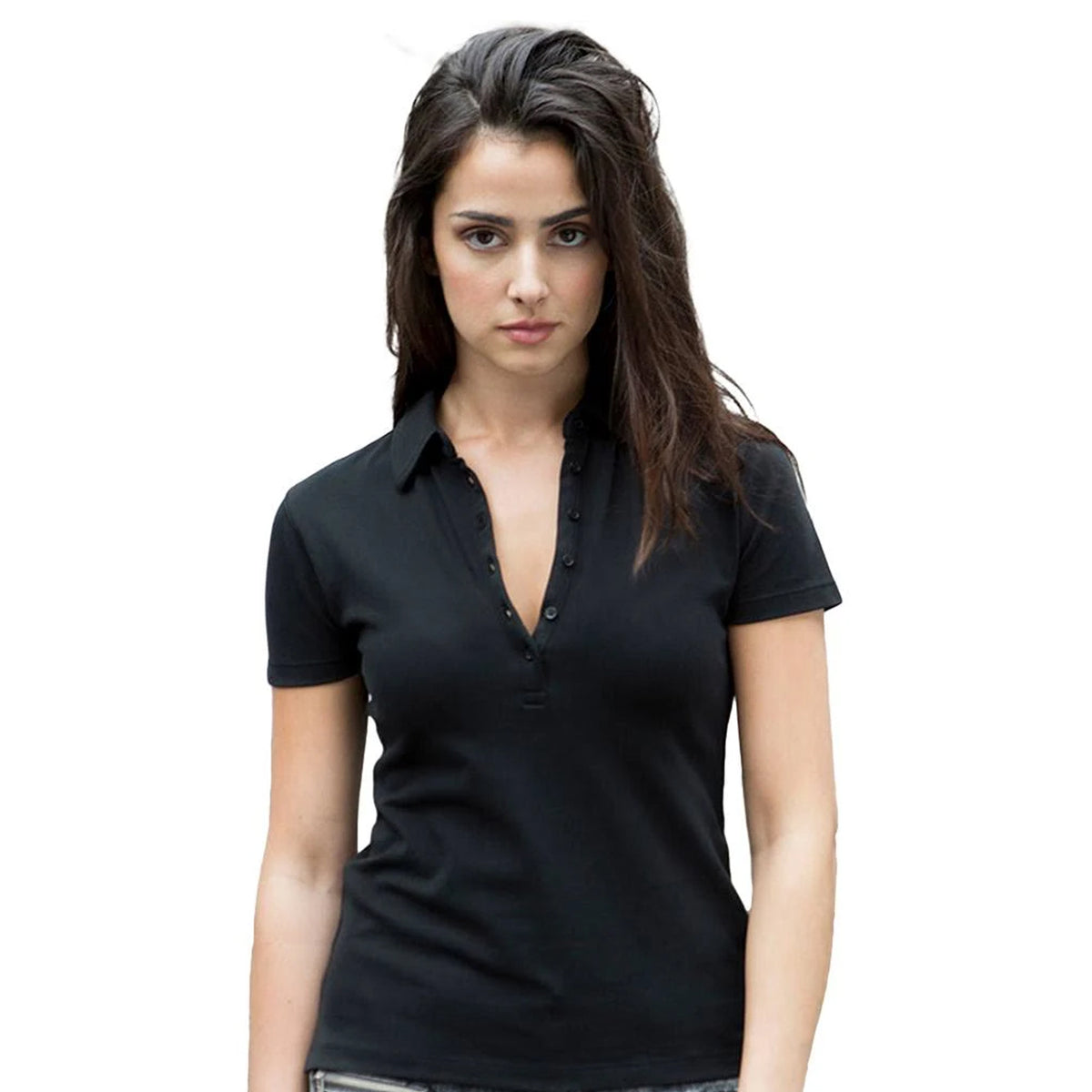 Black - Side - Skinni Fit Womens-Ladies Pique Stretch Polo Shirt