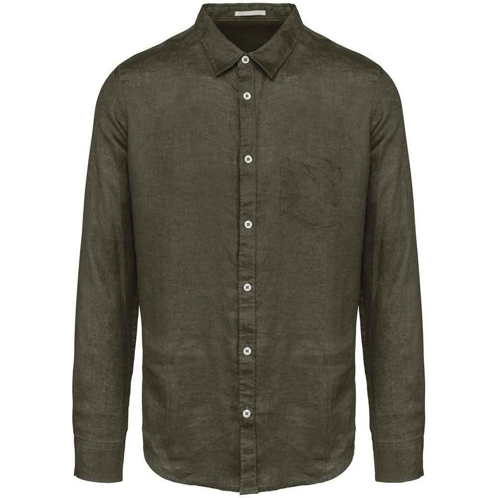 Organic Khaki - Front - Native Spirit Mens Linen Long-Sleeved Shirt