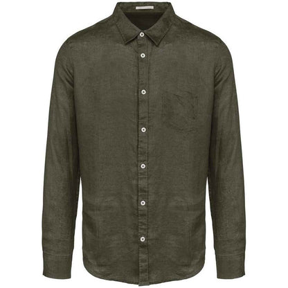 Organic Khaki - Front - Native Spirit Mens Linen Long-Sleeved Shirt