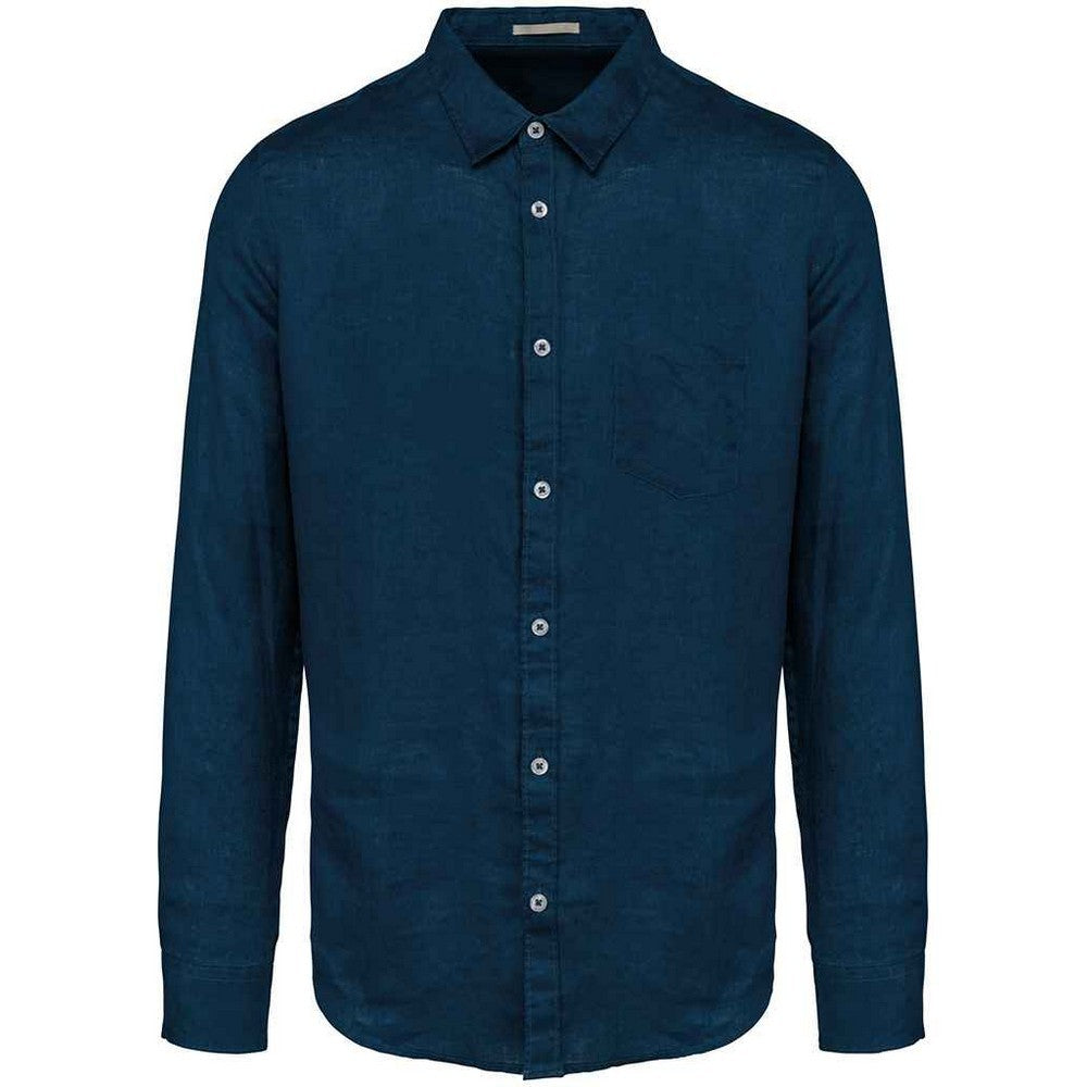 Peacock Blue - Front - Native Spirit Mens Linen Long-Sleeved Shirt