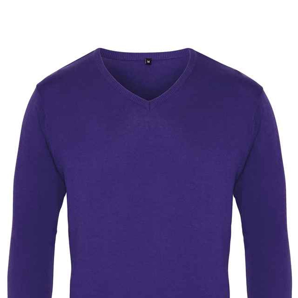 Purple - Back - Premier Mens Knitted Cotton Acrylic V Neck Sweatshirt
