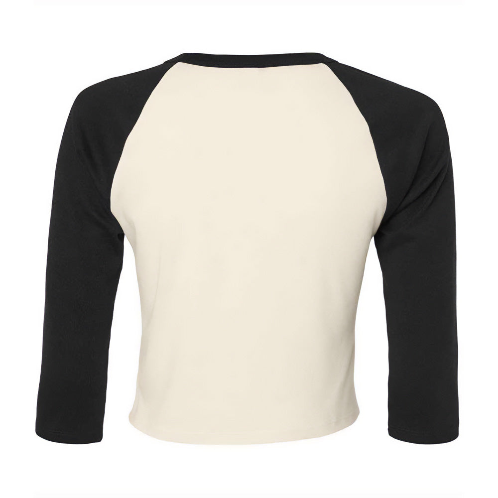 Natural-Black - Back - Bella + Canvas Womens-Ladies Micro-Rib Raglan 3-4 Sleeve Crop T-Shirt