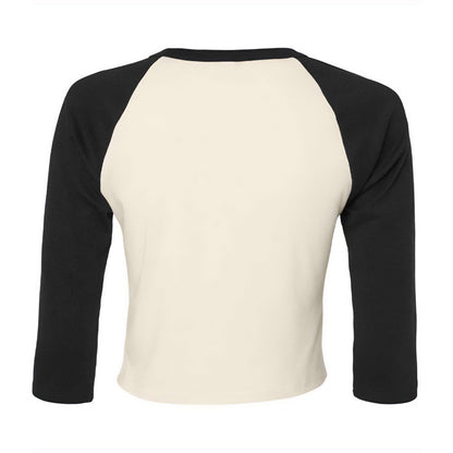 Natural-Black - Back - Bella + Canvas Womens-Ladies Micro-Rib Raglan 3-4 Sleeve Crop T-Shirt