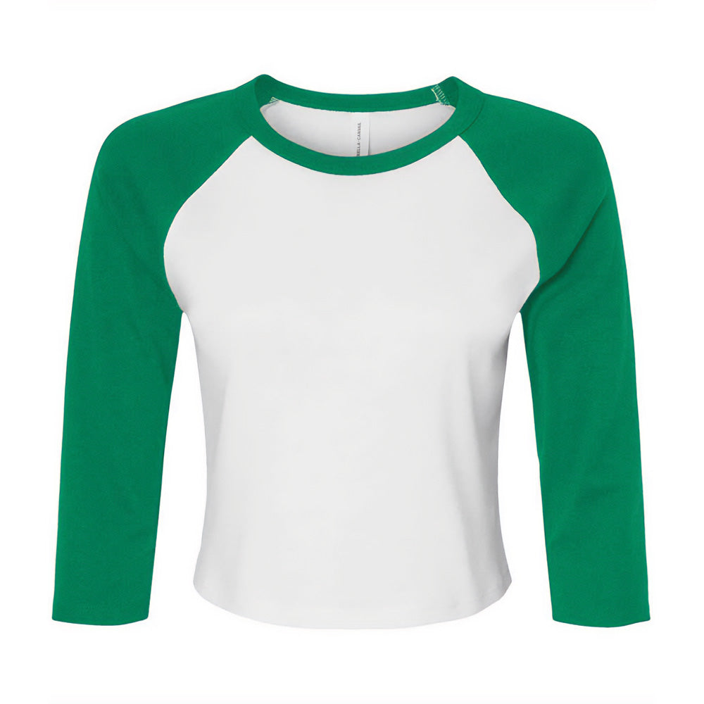 White-Kelly Green - Front - Bella + Canvas Womens-Ladies Micro-Rib Raglan 3-4 Sleeve Crop T-Shirt