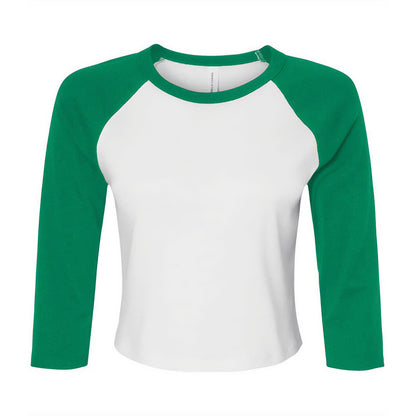 White-Kelly Green - Front - Bella + Canvas Womens-Ladies Micro-Rib Raglan 3-4 Sleeve Crop T-Shirt