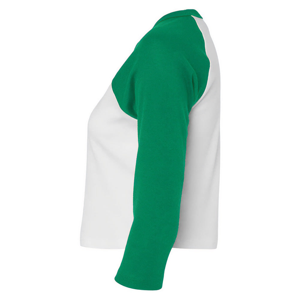 White-Kelly Green - Side - Bella + Canvas Womens-Ladies Micro-Rib Raglan 3-4 Sleeve Crop T-Shirt