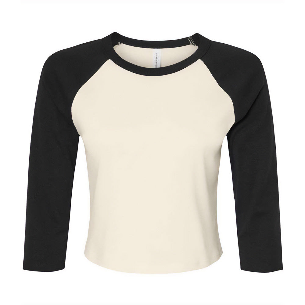 Natural-Black - Front - Bella + Canvas Womens-Ladies Micro-Rib Raglan 3-4 Sleeve Crop T-Shirt