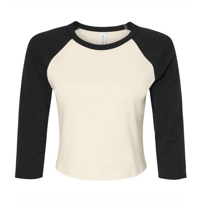 Natural-Black - Front - Bella + Canvas Womens-Ladies Micro-Rib Raglan 3-4 Sleeve Crop T-Shirt