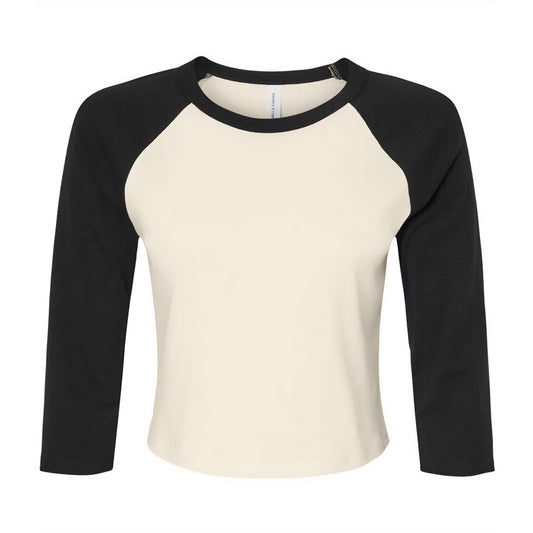 Natural-Black - Front - Bella + Canvas Womens-Ladies Micro-Rib Raglan 3-4 Sleeve Crop T-Shirt