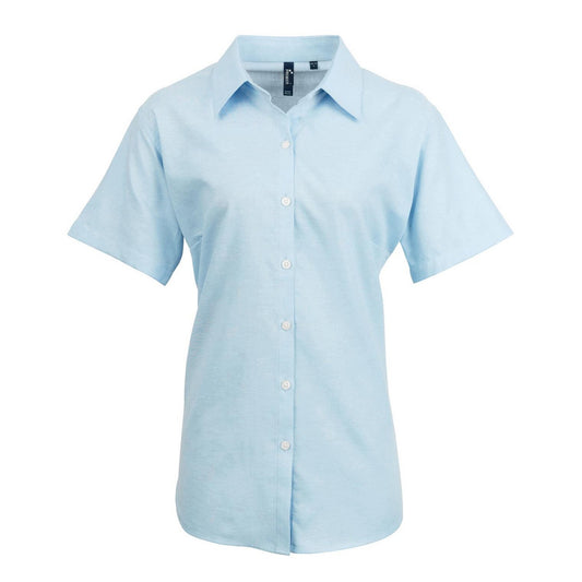 Light Blue - Front - Premier Womens-Ladies Signature Pearlised Oxford Short-Sleeved Shirt