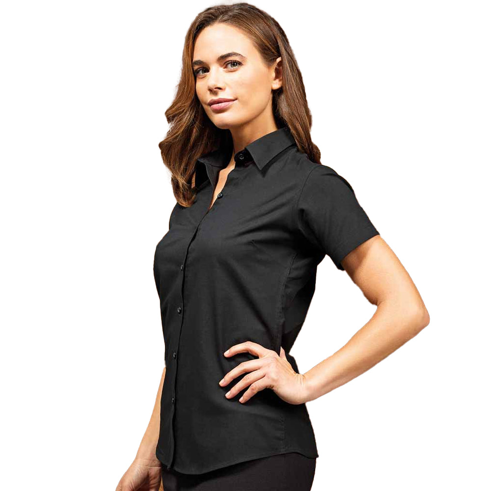 Black - Back - Premier Womens-Ladies Signature Pearlised Oxford Short-Sleeved Shirt