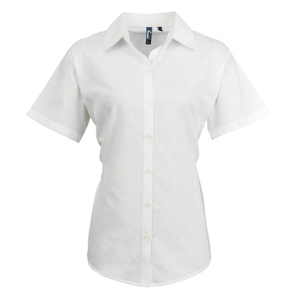 White - Front - Premier Womens-Ladies Signature Pearlised Oxford Short-Sleeved Shirt