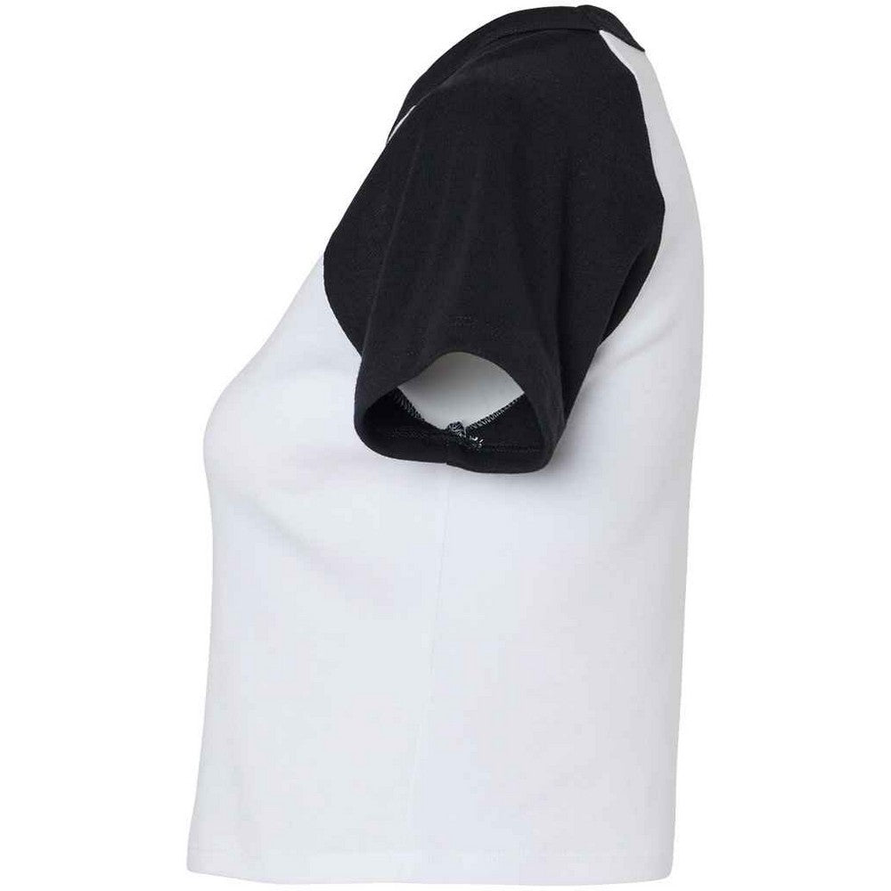 White-Black - Side - Bella + Canvas Womens-Ladies Micro-Rib Raglan Crop Top