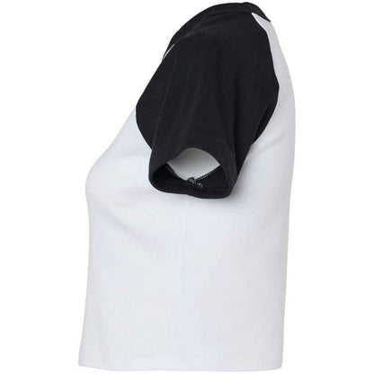 White-Black - Side - Bella + Canvas Womens-Ladies Micro-Rib Raglan Crop Top