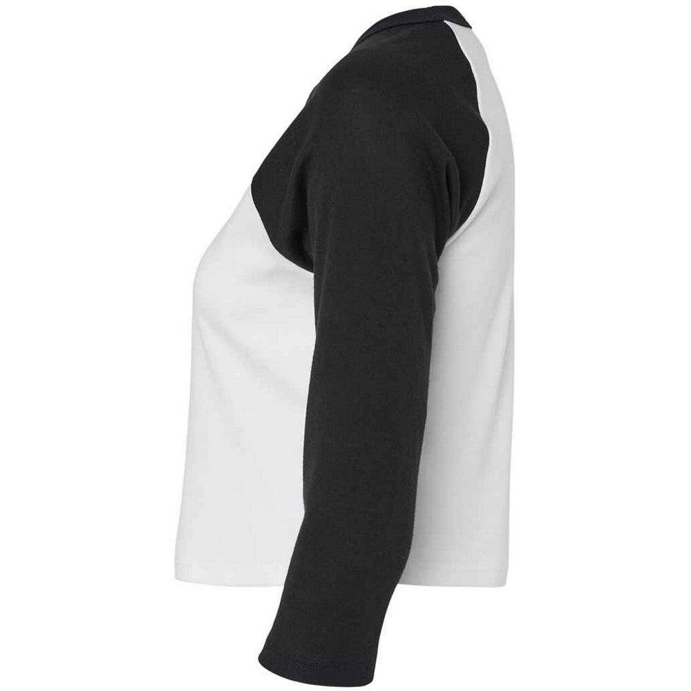 White-Black - Side - Bella + Canvas Womens-Ladies Micro-Rib Raglan 3-4 Sleeve T-Shirt