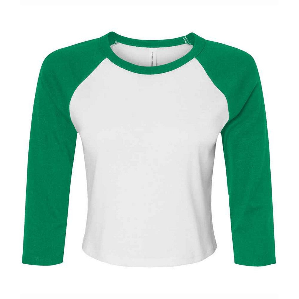 White-Kelly Green - Front - Bella + Canvas Womens-Ladies Micro-Rib Raglan 3-4 Sleeve T-Shirt