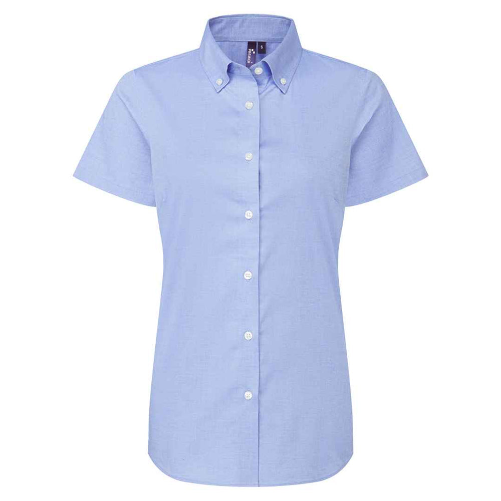 Oxford Blue - Front - Premier Womens-Ladies Supreme Oxford Short-Sleeved Formal Shirt