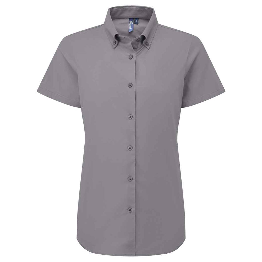 Steel - Front - Premier Womens-Ladies Supreme Oxford Short-Sleeved Formal Shirt