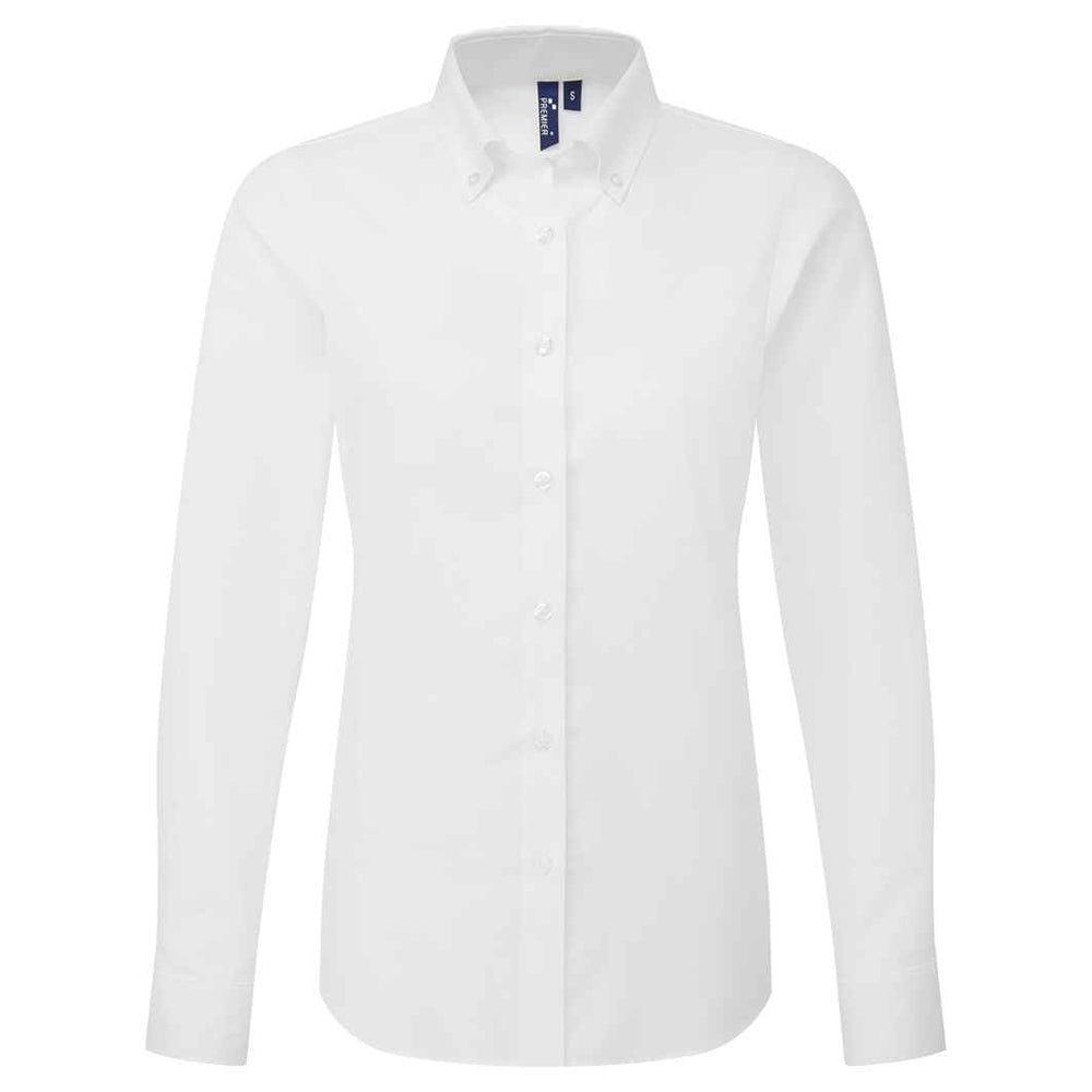White - Front - Premier Womens-Ladies Supreme Oxford Long-Sleeved Formal Shirt
