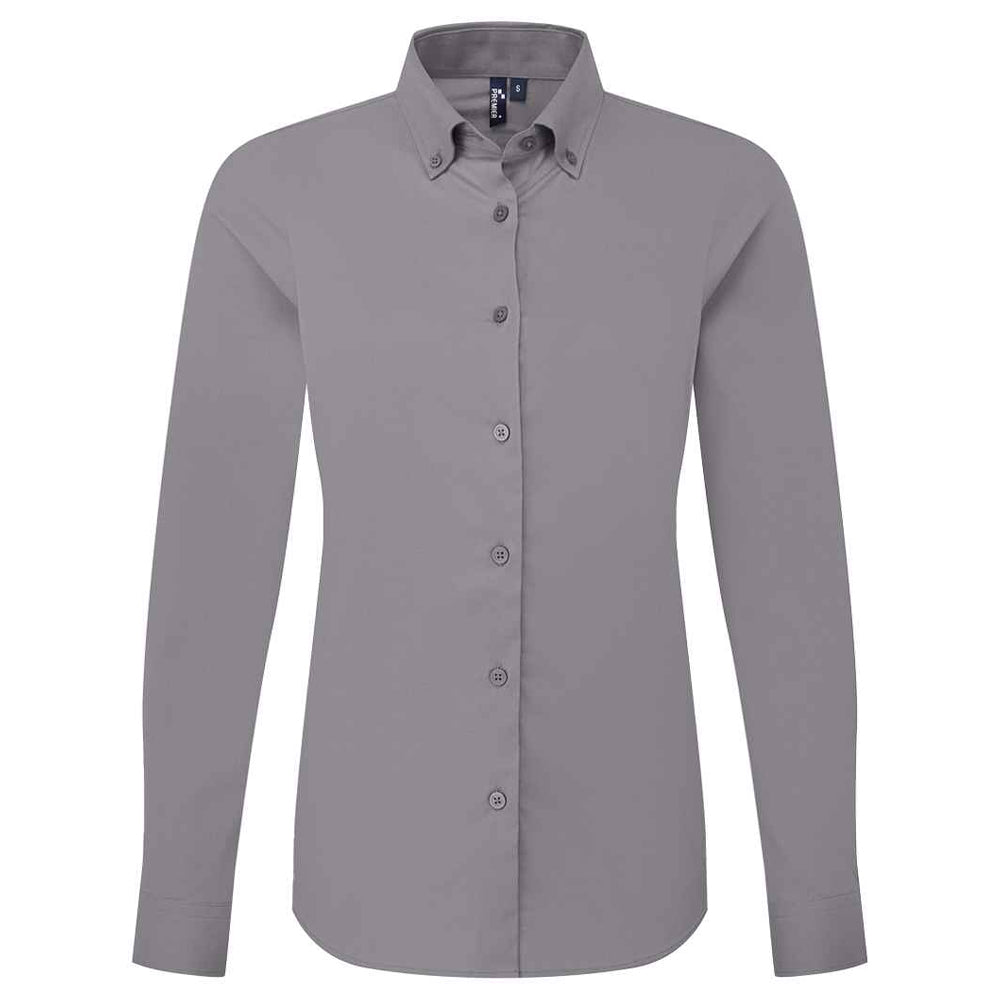 Steel - Front - Premier Womens-Ladies Supreme Oxford Long-Sleeved Formal Shirt
