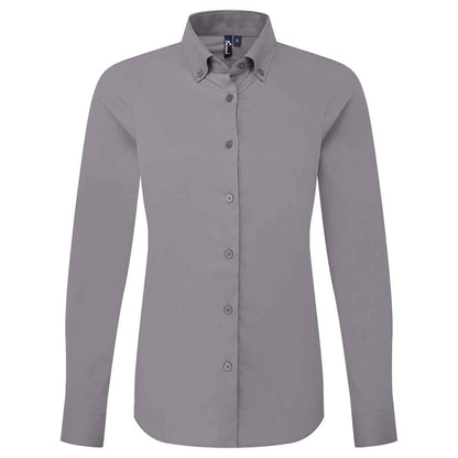 Steel - Front - Premier Womens-Ladies Supreme Oxford Long-Sleeved Formal Shirt