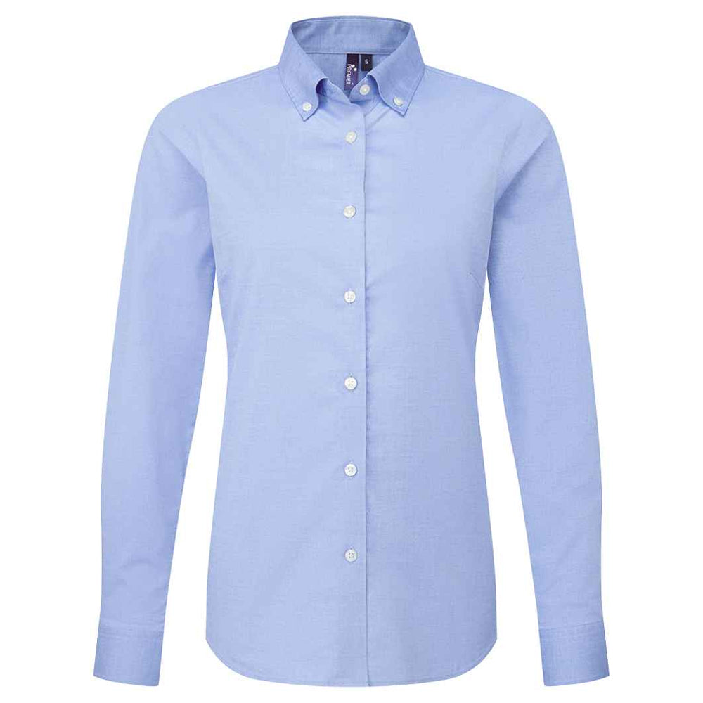 Oxford Blue - Front - Premier Womens-Ladies Supreme Oxford Long-Sleeved Formal Shirt