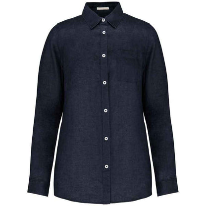Navy - Front - Spasso Womens-Ladies Linen Long-Sleeved Shirt