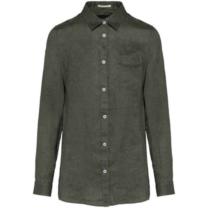 Organic Khaki - Front - Spasso Womens-Ladies Linen Long-Sleeved Shirt