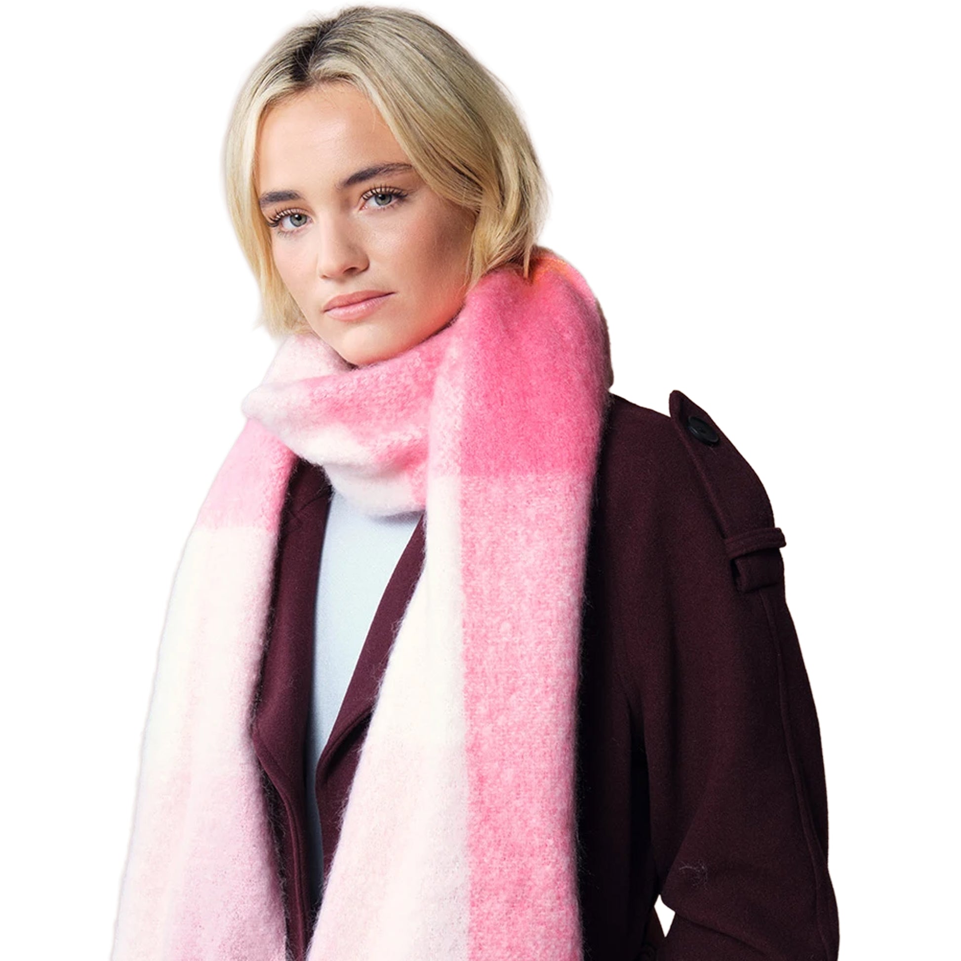 Pink - Back - Beechfield Checkered Fluffy Scarf