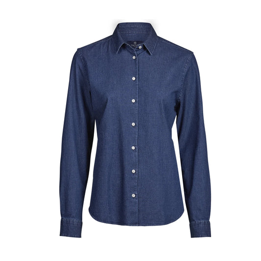 Blue Denim - Front - Tee Jays Womens-Ladies Denim Long-Sleeved Shirt