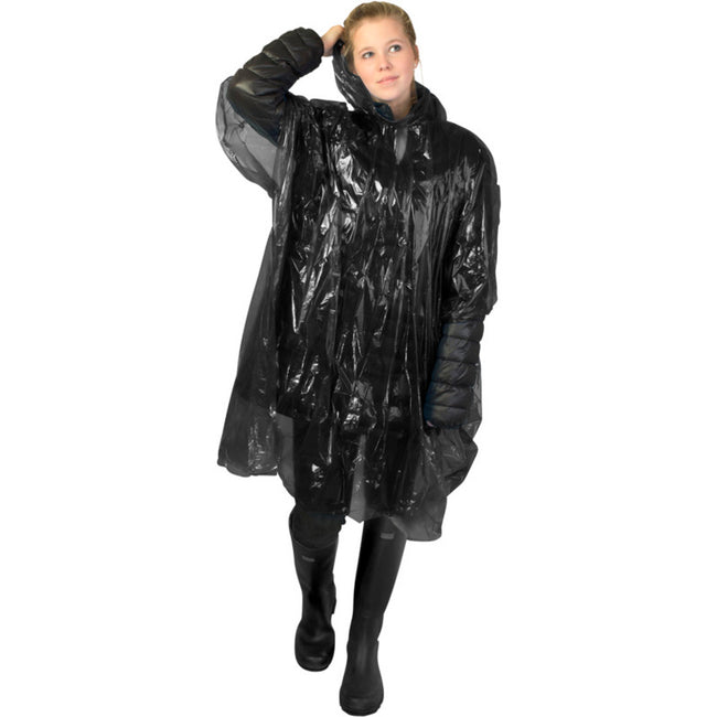 Solid Black - Lifestyle - Bullet Ziva Adults Unisex Disposable Rain Poncho With Pouch