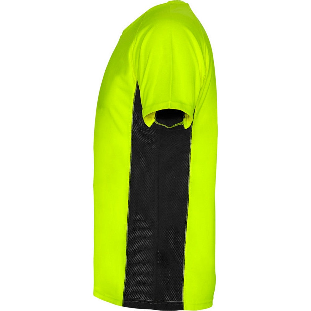 Fluorescent Green-Solid Black - Side - Roly Mens Shanghai Short-Sleeved Sports T-Shirt