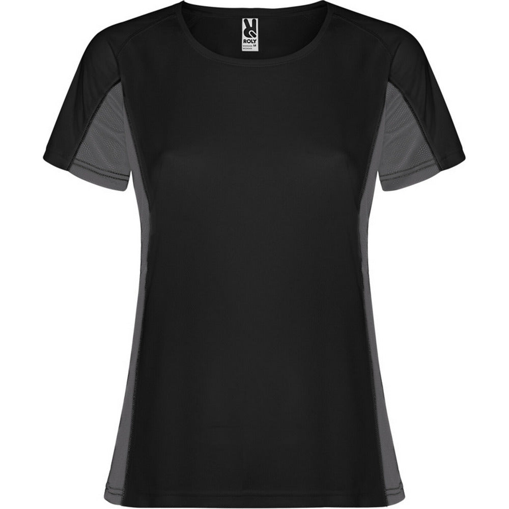 Solid Black-Dark Lead - Front - Roly Womens-Ladies Shanghai Short-Sleeved Sports T-Shirt