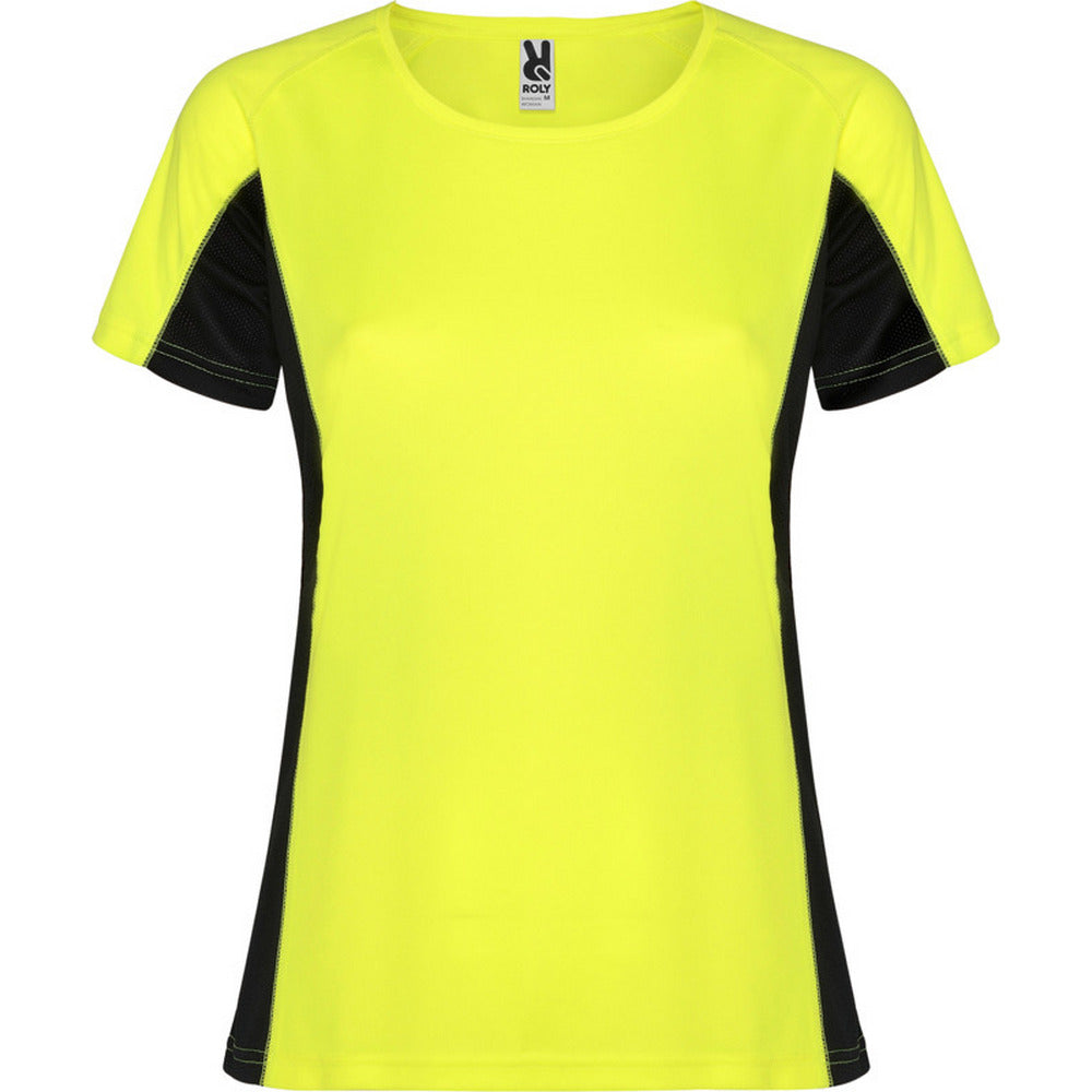 Fluro Yellow-Solid Black - Front - Roly Womens-Ladies Shanghai Short-Sleeved Sports T-Shirt